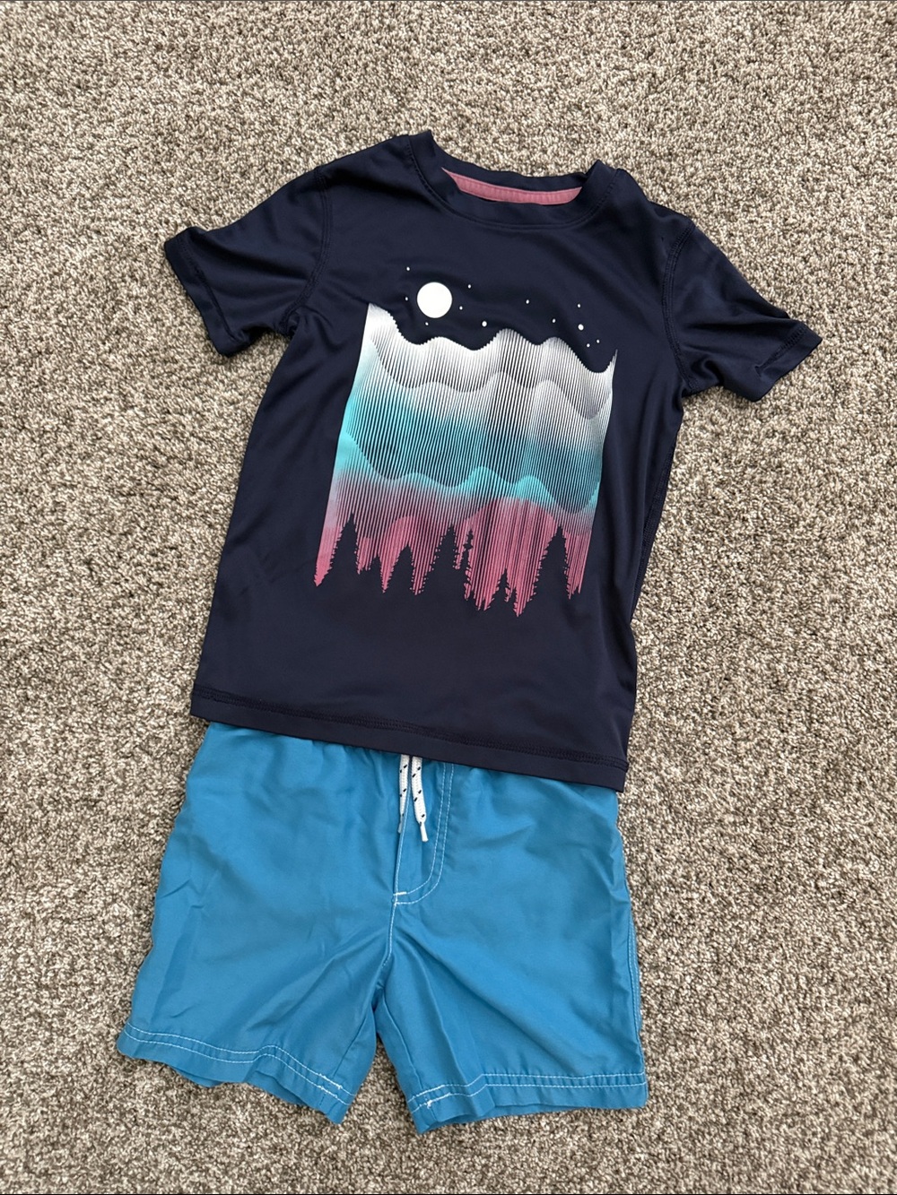 Boys Swim set rash guard - Navy with Pink & Teal Mountain Print
